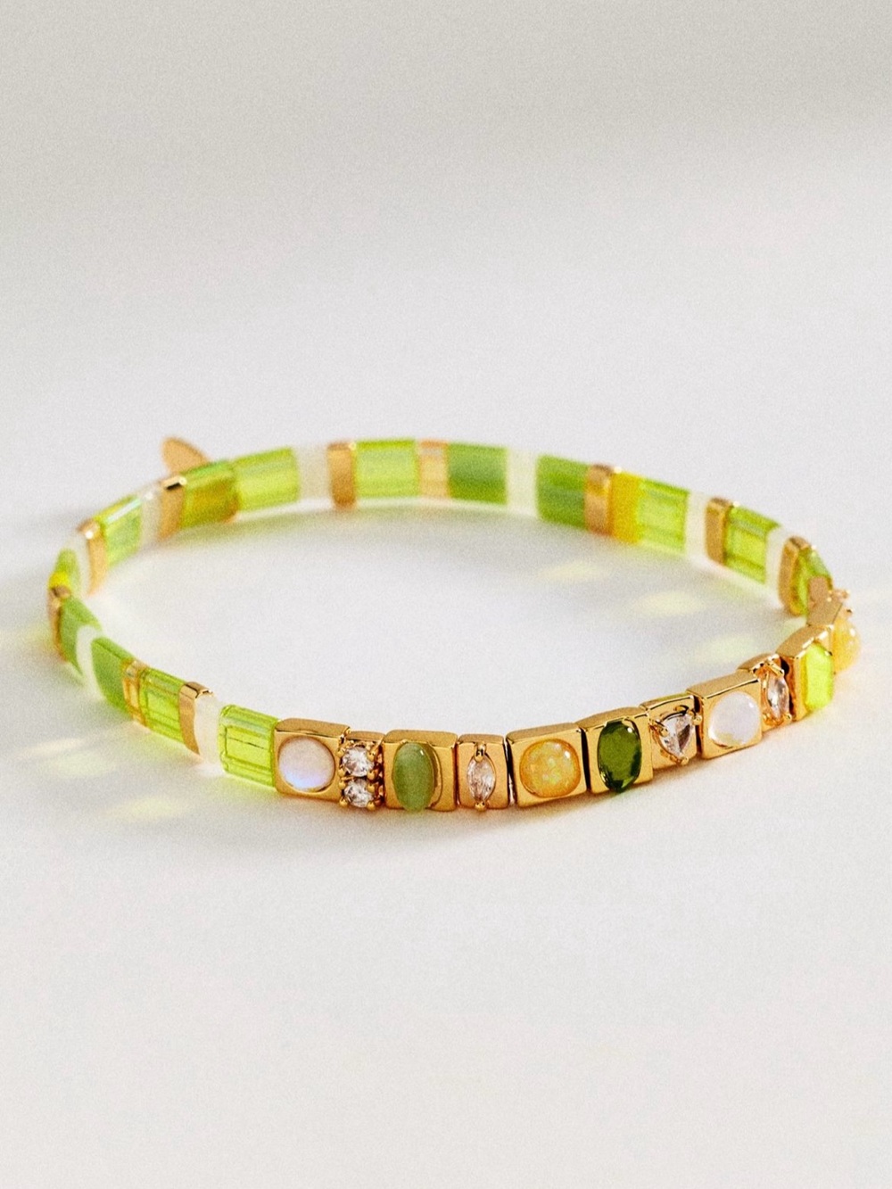 14K Gold Plated Colorful Lime Beaded Chicklet Stretch Bracelet 7” L